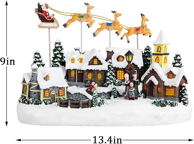 Musical Christmas Village Houses Santa Claus Sledding Reindeer Christmas Collectible Buildings LED Lights Musical Indoor Display Figurines Xmas Decoration