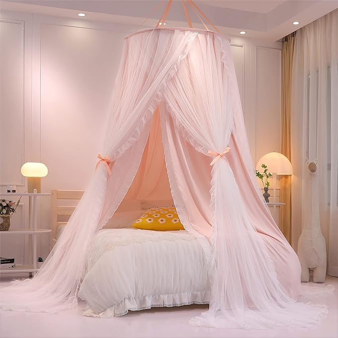 VETHIN Double Layer Princess Round Dome Canopy Bed Curtain for Girls Adults,Children Dreamy Mosquito Net,Cute Bedroom Decoration Castle Play Tent Reading Nook Canopies(Dome-Pink/White)