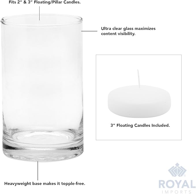 Royal Imports Glass Cylinder Flower Centerpiece Vases Set of 4 - Hurricane Candle Holder Pillar, Floating, Tealights - Use for Floral, Wedding, Home Decor, Holiday Includes 4 Floating Candles