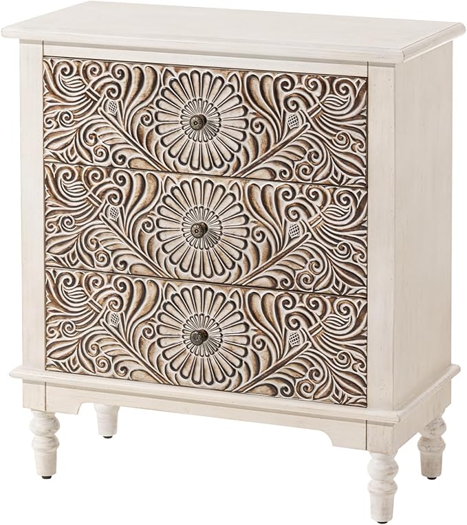HOMPUS Nightstands Set of 2, White Nightstand with 3 Storage Drawers, Night Stand w Flower Pattern, Bedside Table Set of 2, Accent Table for Bedroom, Apartment, Light Grey Grain