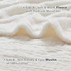 EMME White Throw Blanket Muslin and Fleece Blanket for Women Reversible - 50"*60" Soft & Cozy Warm Lightweight Small Blankets for Couch Bed Picnic Travel Bed