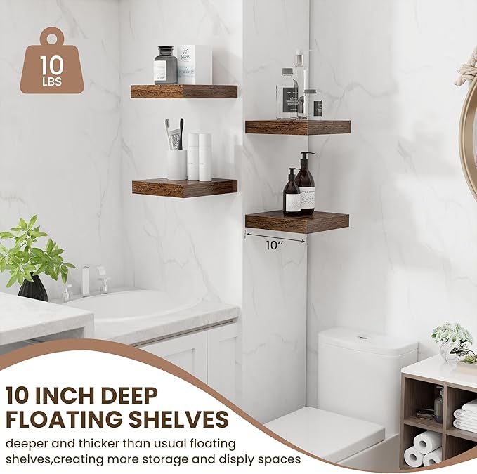 Fun Memories Floating Shelves for Wall - 10" x 10" Wood Shelf with Invisible Bracket - Deep Floating Shelves - 10 Inch Shelf Wall-Mounted for Living Room & Bathroom - Rustic Brown - Set of 2