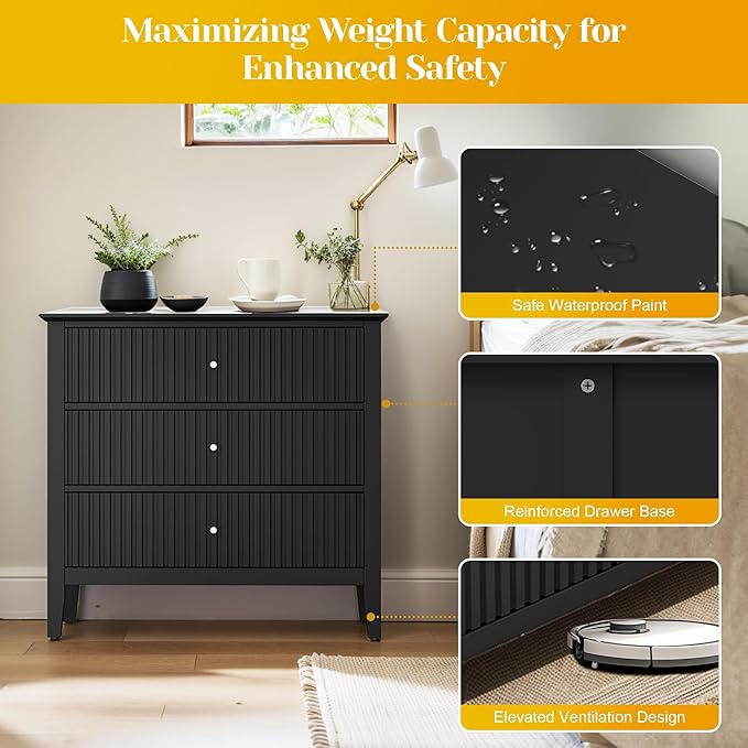 Large Black Fluted 3 Drawer Dresser Set of 2, Chest of Drawers with Ball Bearing Slide Modern 30 inch Tall Wood Nightstand with Spacious Storage for Bedroom Hallway Living Room Entryway