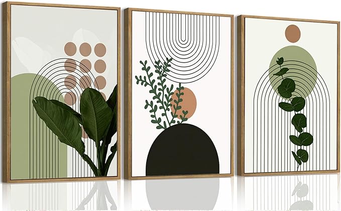 Bwodke Boho Wall Art, Framed Abstract Wall Art, Plant Canvas Wall Decor, Mid Century Line Leaf Geometric Pictures Set of 3, Minimalist Paintings, for Bedroom Living Room Bathroom 12"x16"