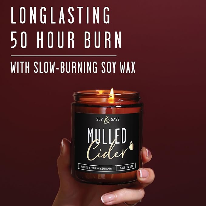 Mulled Cider Candle, Fall Candles I Apple Cider Candle w/Cinnamon & Nutmeg - Infused w/Essential Oils I Mulled Cider Fall Scented Candles (Soy) for Home I 9oz Reusable Jar I 50Hr Burn I Made in USA