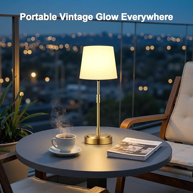 Cordless Table Lamps Set of 2 – Battery Operated Lamp with 7500mAh Rechargeable Battery, Stepless Dimmable Vintage Brushed Gold Desk Wireless Lamps for Dining Room, Nightstand & Patio (Bulbs Included)