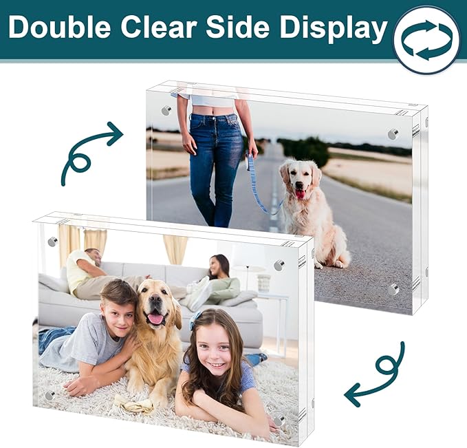 4x6 Acrylic Picture Frame 3 Pack, 20mm Clear Thickness Frameless Magnetic Double Sided Display, Plastic Table Top Photo Sign Holder, Table Paper Stand for Desktop Display, Stores