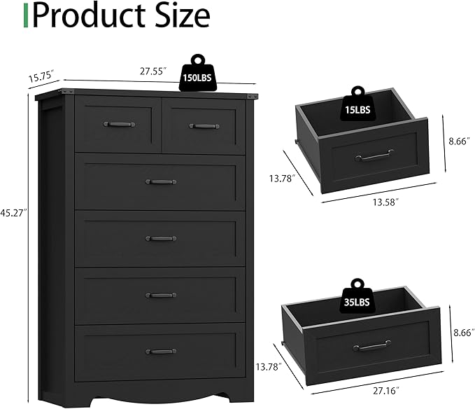 Dresser for Bedroom with 6 Drawers, 46" Tall Wood Chest of Drawers with Deep Drawers & Mental Handle, Modern Dresser TV Stand, Wooden Closet Storage Organizer for Living Room, Hallway, Entryway, Black