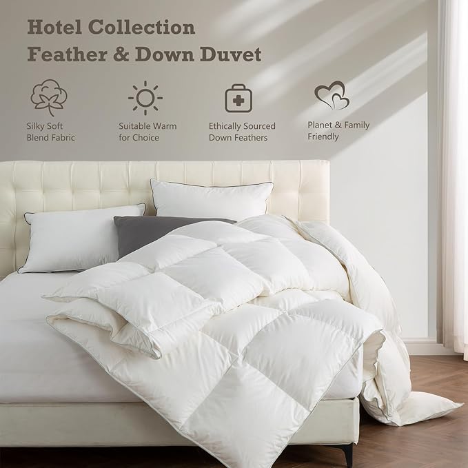 BPC Feather Down Comforter California King for All Season, 750 Fill-Power Cloud Fluffy Duvet Insert with Ultra-Soft Egyptian Cotton Blend Cover, Medium Warmth Hotel Comforter, White, 104x96 Inches