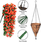 Artificial Fake Fall Hanging Flowers Plants Baskets for Autumn Outdoor Outside, Faux Silk Orange Orchid in Planter UV Resistant for Home Porch Garden Yard Patio Decor
