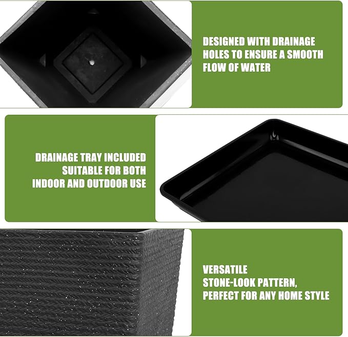 Tall Black Planter Set of 2 for Outdoor Indoor Plants,21.3in Large Tapered Plant Pots with Drainage Trays Holes,Resin Extra-Thick Flower Pots for Outdoor Patio Front Porch Backyard Decor