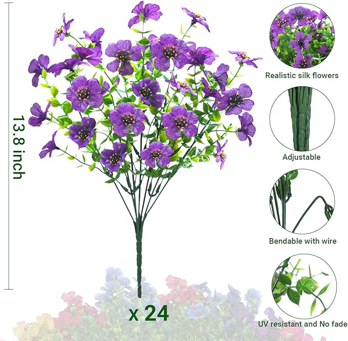 24 Bundles Artificial Flowers for Outdoors & Indoors – UV Resistant Faux Plastic Plants for Garden, Patio, Porch, Window Box, Home Decor – Lush & Vibrant Fake Flowers, Purple