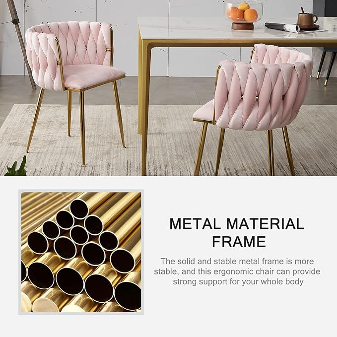 Nrizc Woven Dining Chairs Set of 2, Velvet Upholstered Dining Chairs with Gold Metal Legs, Modern Accent Chairs for Living Room, Dining Room, Kitchen (Pink)