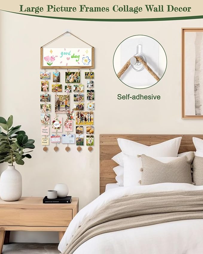 Bikoney Rustic Picture Frames Collage Wall Decor - Happy Birthday Banner Photo Hanging Display for Dorm Room Home with Gift Card Storage and 30 Clips