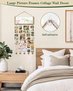 Bikoney Rustic Picture Frames Collage Wall Decor - Happy Birthday Banner Photo Hanging Display for Dorm Room Home with Gift Card Storage and 30 Clips