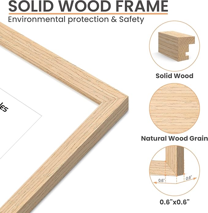upsimples 12x18 Frame, Natural Solid Wooden Picture Frames, Display 11x17 with Mat or 12 x 18 Without Mat, Vertical or Horizontal Wall Hanging, 1 Pack, Natural
