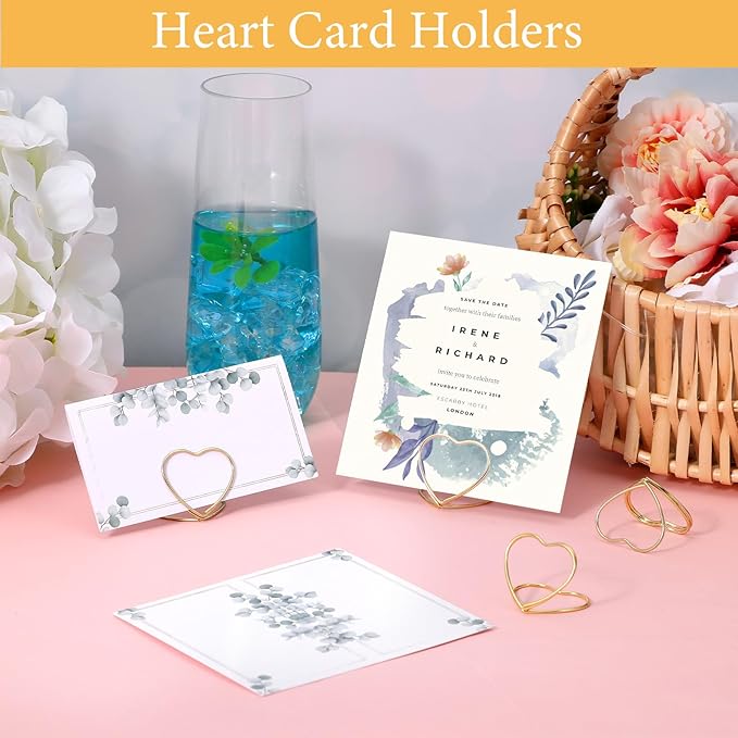 16Pcs Gold Place Card Holders,Picture Holders for Tables Heart-Shaped Table Number Holder Mini Photo Holder for Centerpiece Party Wedding