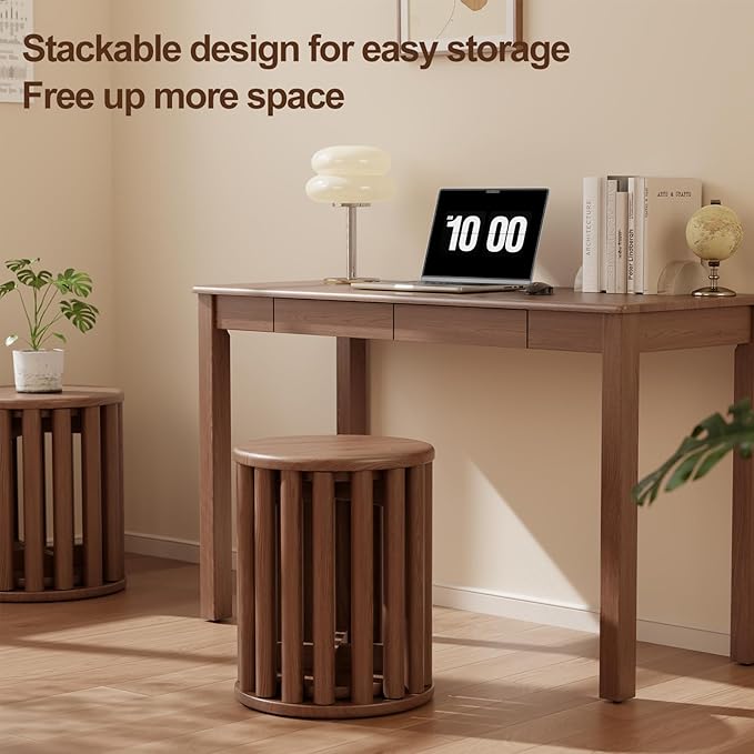 Stackable Stools Set of 4,4-in-1 Wood Stool,Round Wooden Stools with Anti-Slip Foot Pads for Kitchen,Bedroom,Living Room,Bar,No Assembly Required Durable and Space-Saving Design,18 inch (Walnut)