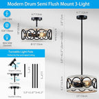 XINGQI White Chandelier 3-Light Modern Ceiling Light Rustic Wood Grain Adjustable Height Pendant Lighting Fixture 13" Round Metal Lamp for Dining Room Kitchen Bedroom Foyer Hallway