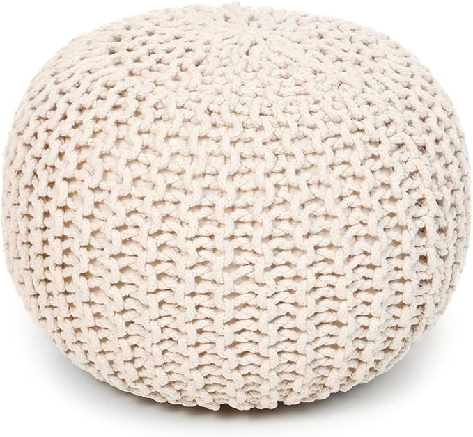 REDEARTH Round Pouf Ottoman - Cable Knitted Boho Poof - Home Décor Cord Pouffe Handmade Circular Footrest for Living Room - Bedroom - Kids Bedroom - 100% Cotton Pouf (19.5"x19.5"x14") - Natural