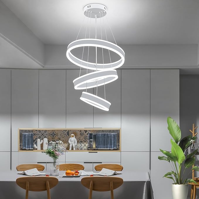 O'NEELDY Modern LED Chandeliers Adjustable Hanging White Pendant Light Fixture 3 Ring Flush Mount Chandeliers for Bedroom,Kitchen,Island Cafe