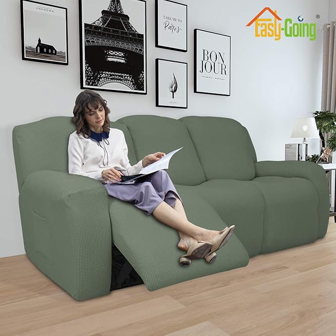 Easy-Going 8 Pieces Recliner Sofa Stretch Sofa Slipcover Sofa Cover Furniture Protector Couch Soft with Elastic Bottom Kids, Spandex Jacquard Fabric Small Checks Greyish Green