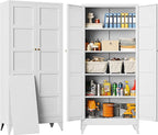 Metal Storages Cabinet with 2 Doors and 5 Shelves,Tall Storage Cabinet,Large Cupboard Closet,Pantry Storage Cabinet for Home,Office,Bathroom,Dining/Living Room (White, 71" H)