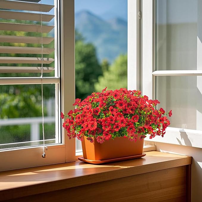 Artificial Fake Flowers for Outdoor Spring Decoration, 16 Bundles Faux Silk Colorful Daisy UV Resistant Realistic for Outside Porch Patio Home Yard Garden Planters Pots Window Box (Red)