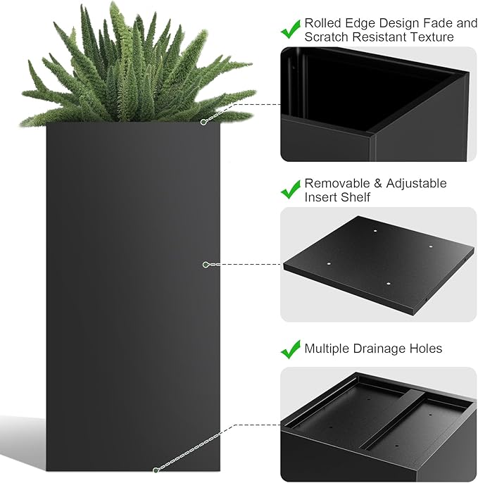 Tall Metal Cube Planter for Outdoor Plants 15" L x 15" W x 30" H 2 Pack, Heavy Duty Steel Planter Box with Removable Insert Shelf, Rectangular Planters for Porch, Garden, Yard, Hotel (Black)
