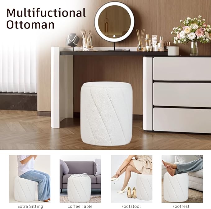 Modern Round Ottoman, Spiral-Tufted Foot Stool Ottoman, Teddy Fleece Upholstered Vanity Stool for Makeup, Bedroom, Living Room, White