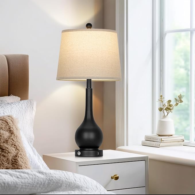 26" Black Table Lamps Set of 2 for Living Room, Touch Control Bedside Lamp for Bedroom, 3-Way Dimmable Nightstand Lamp with USB A+C Port (2 LED Bulbs Included)