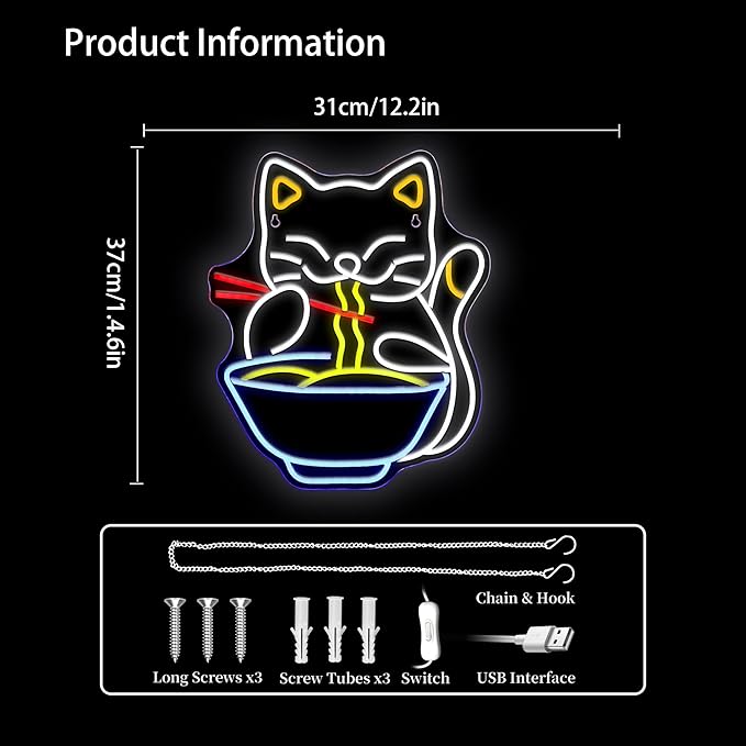 Cat Ramen Neon Sign for Wall Decor Led Neon Lights Cat Ramen Light Up Signs for Birthday Party Club Gift