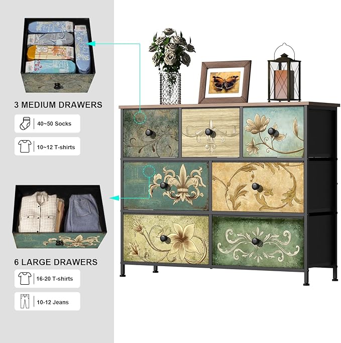 Tohomeor Dresser with Drawers for Bedroom Chest of Drawers Fabric Dresser for Closet,Nursery Entryway Hall Tree TV Stand for Living Room Retro Floral Pattern Drawers Wooden Top (7 Drawers)