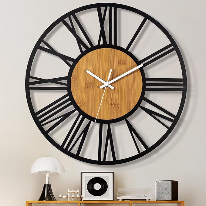 1st owned 40" Large Display Wall Clock for Home Decor - Silent,Battery Operated,Black Metal, Modern, Rustic Wood Clocks for Living Room,Farmhouse,Dining Room,Bedroom,Shop Wall Decor- Roman Numerals