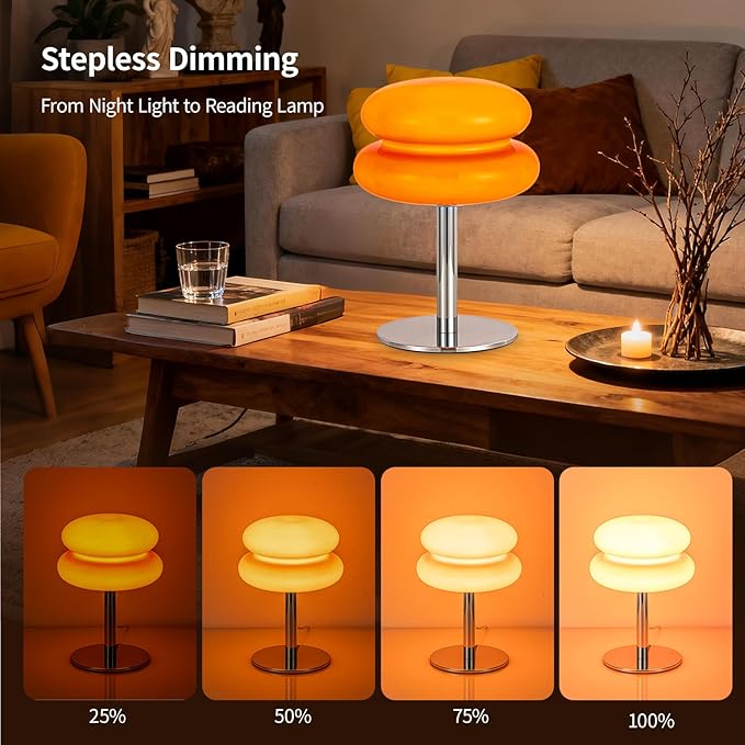 Vintage Mushroom Lamp, Orange Glass Lamp with Metal Base, Dimmable Bedside Table Lamp for Bedroom, Living Room, Mid Century Modern Retro Style, Plug in Nightstand Light