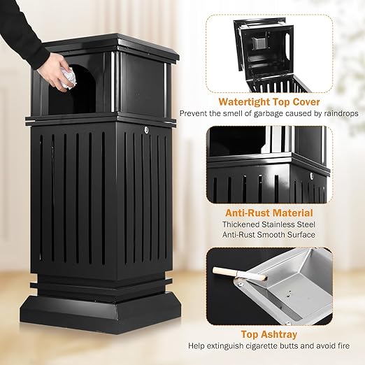 BEAMNOVA Trash Can Outdoor Top Tray Black Stainless Steel Commercial Garbage Enclosure with Locking Lid Heavy Duty Industrial Yard Garage Waste Container, 35.5 * 15.8 * 15.8 in