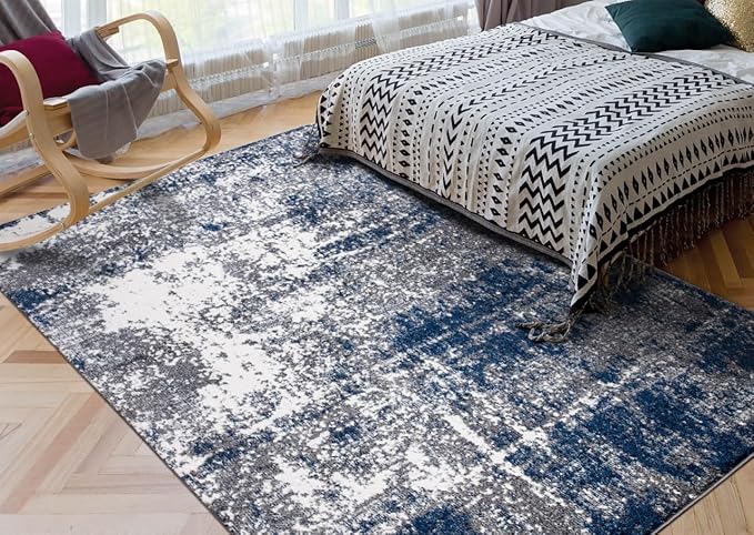 Keen Home Design Area Rugs - 8x10 Non-Shedding, Abstract Rugs for Kitchen, Living Room, Bedroom, Dining Room, Entryway - Size: 7'3" x 10'2", Navy/Grey/White