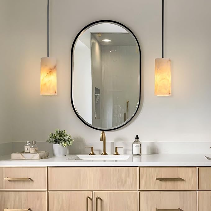 Alabaster Pendant Lights Kitchen Island, Modern Marble Pendant Lighting, Adjustable Black Pendant Lights Fixtures for Bedroom Bathroom Dinning Room(Include E12 Bulb)