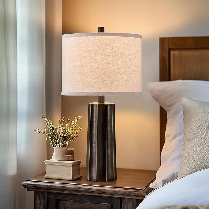 RORIANO Set of 2 Vintage Table Lamps for Bedroom Living Room, 24'' Traditional Farmhouse Resin Desk Lamps Rustic Modern Nightstand Bedside Lamps for Home Office Entryway, 2 Bulbs Included (Black)