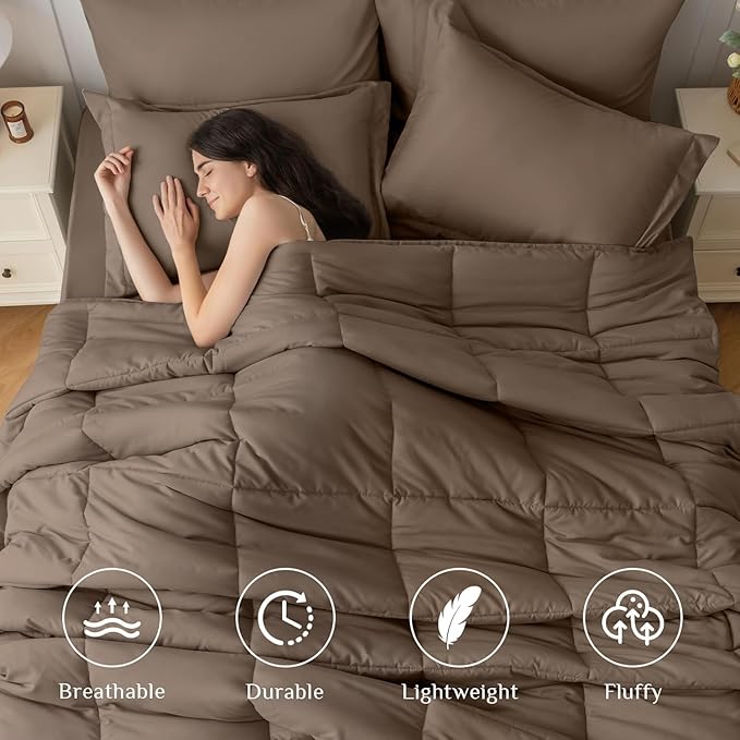 JOLLYVOGUE California King Comforter Set, Ultra-Soft Bed in a Bag Cal King Size 7 Pieces, Oeko-TEX Certified Bedding Set with Down Alternative Comforter, Sheets, Pillowcases & Shams, Brown