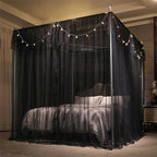 VETHIN 4 Corners Post Ruffle Princess Bed Canopy Curtain-Double Layer Cozy Drape Netting 4 Opening Mosquito Net for Girls Adults Bedroom Decoration (Double-Black, 53" W*78" L*82"*H/(Full))