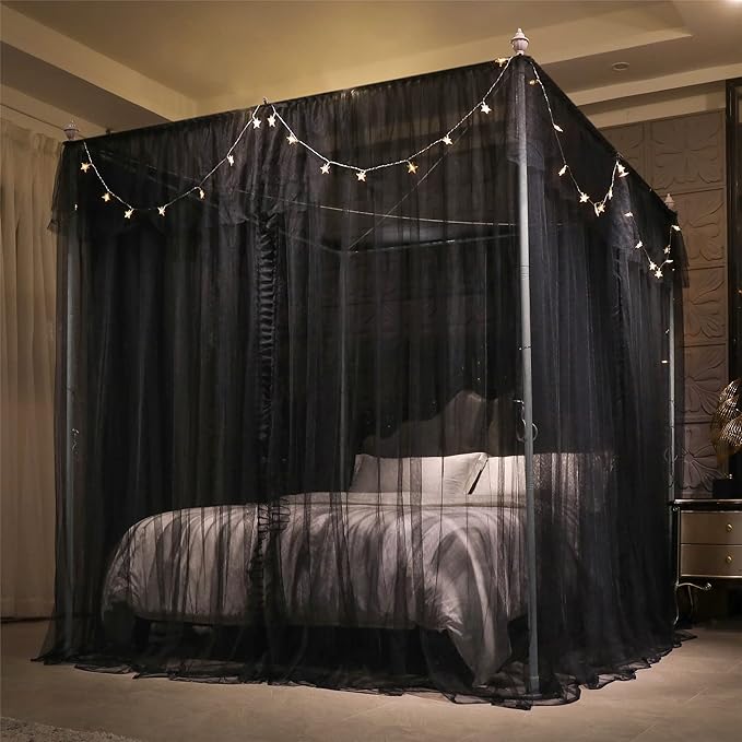 VETHIN 4 Corners Post Ruffle Princess Bed Canopy Curtain-Double Layer Cozy Drape Netting 4 Opening Mosquito Net for Girls Adults Bedroom Decoration (Double-Black,47" W*78" L*82" H/Twin)