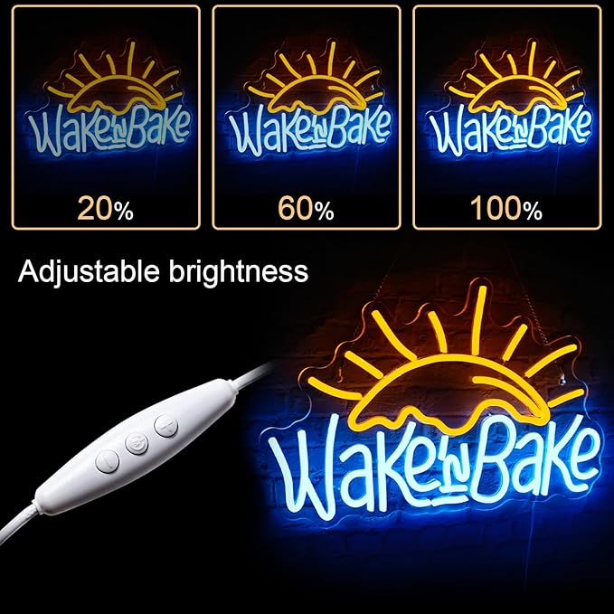 WLHOPE Wake in Bake Neon Signs Yellow Blue LED Neon Signs for Wall Decor, USB Fried Eggs Neon Light Letter Bakeing Neon Sign for Bedroom Home Kitchen Cake Baking Shops Cafes Birthday Party