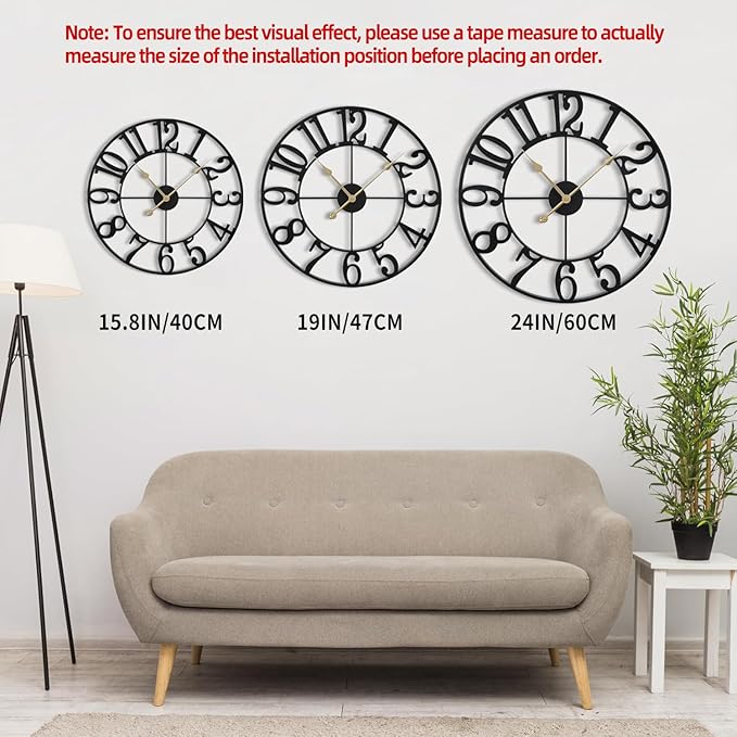 LEIKE Large Wall Clock, 24" Silent Non-Ticking, Battery Operated, Oversized, Decorative Retro Black Metal Clock for Living Room,Farmhouse, Dinner Room,Indoor, Outdoor Decor(60cm, Black Arabic Number)
