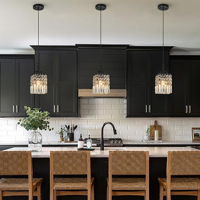 Modern Crystal Pendant Light Kitchen Island Farmhouse Lamp Adjustable Height Hanging Lighting Square Black Chandelier Suitable for Kitchen Island Dining Room and Bedroom(3Pack)
