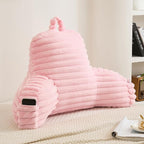 Faux Fur Fluffy Pink Reading Pillow with Pockets, Luxury Striped Plush Decorative, Arm Rests and Back Surport for Bed Rest, Lounging on sofa, Large