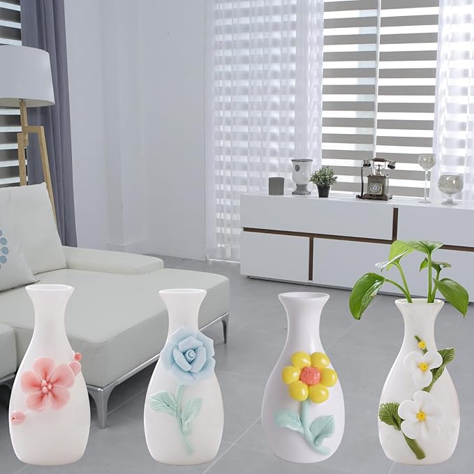 Handmade Ceramic Small vase Creative mini vase Home Decoration Ornament with 3D Floral Design (3D Flowers-4PCS)
