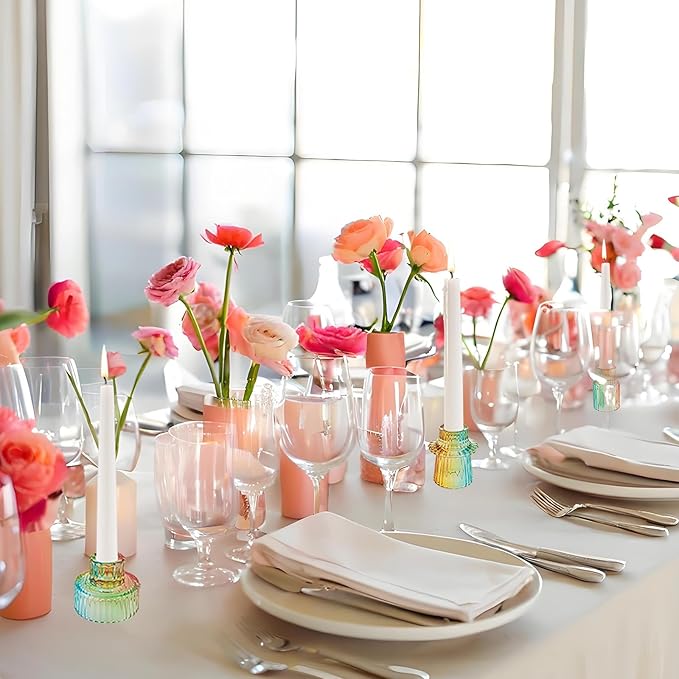 Double Sided Vintage Ribbed Taper Glass Candle Holders,Tea Candle Holder for Table Centerpieces, Wedding Decorations and Dinner Parties (Rainbow, 6 PCS)