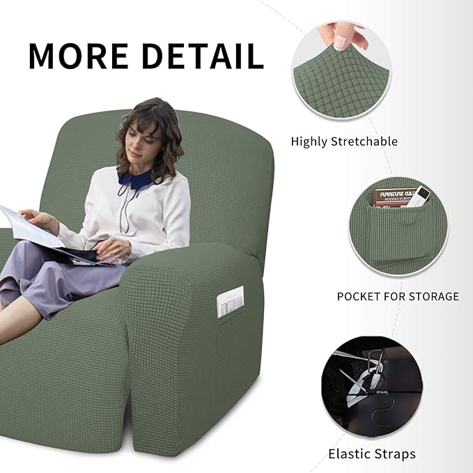 Easy-Going 4 Pieces Oversized Recliner Stretch Sofa Slipcover Sofa Cover Furniture Protector Couch Soft with Elastic Bottom Polyester Spandex Jacquard Fabric Small Checks Greyish Green, X-Large