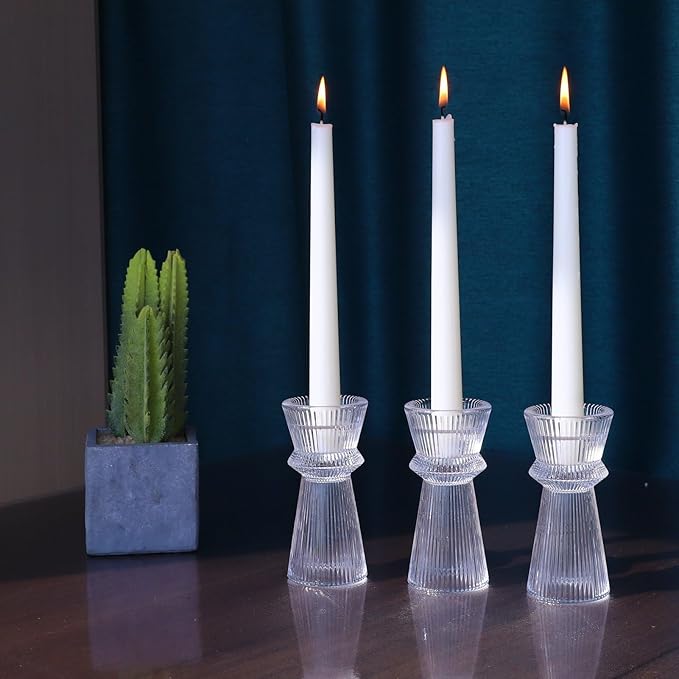 VOHO Clear Ribbed Taper Candle Holders Set of 3, Minimalist Style Glass Candle Holder for Candlesticks and Tealight Candles, Classy Candlestick Holders for Bridal Shower Wedding Decor/Birthday/Holiday